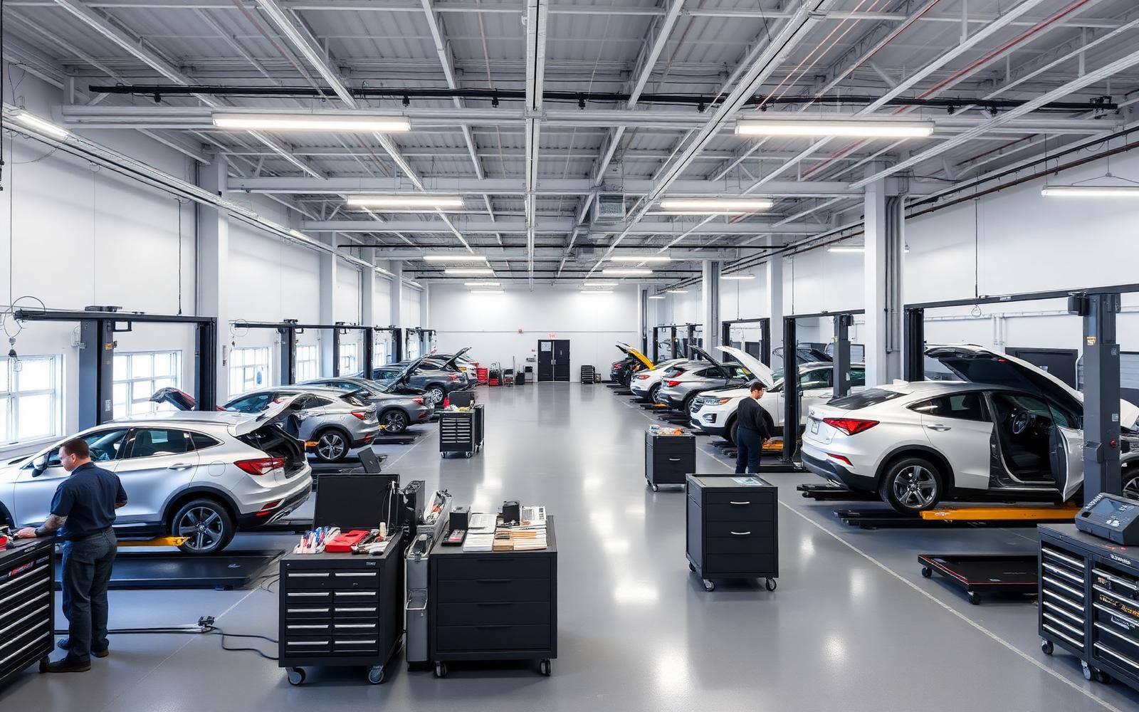 Multi-bay automotive service shop with vehicles on lifts and technicians working