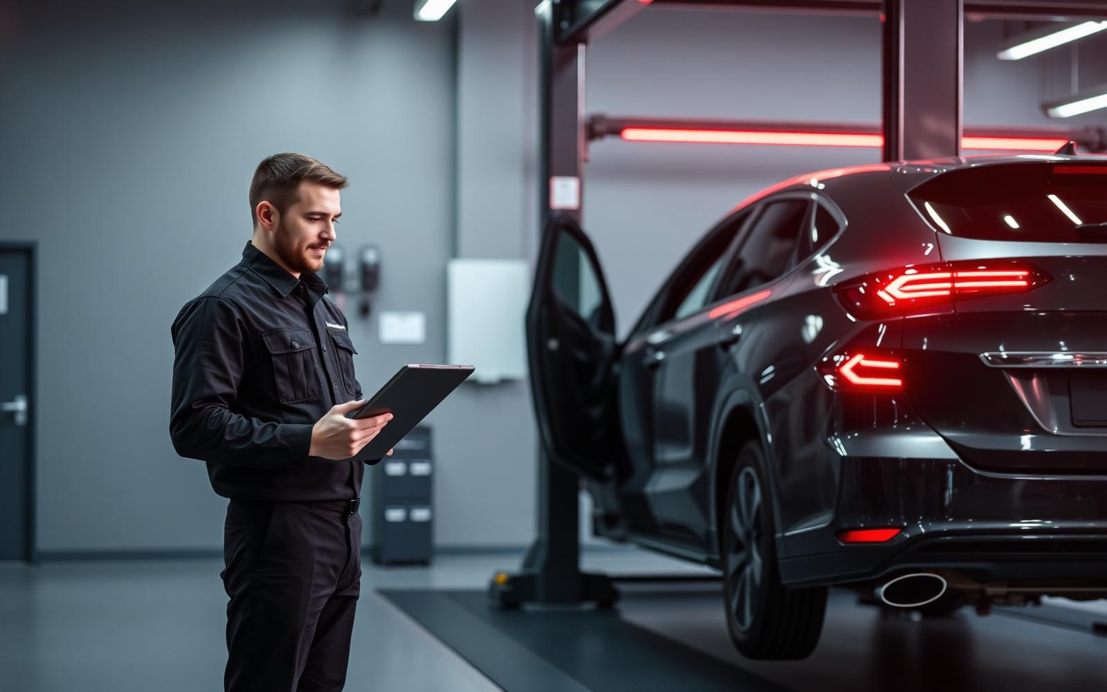 Technician using a tablet in a service bay